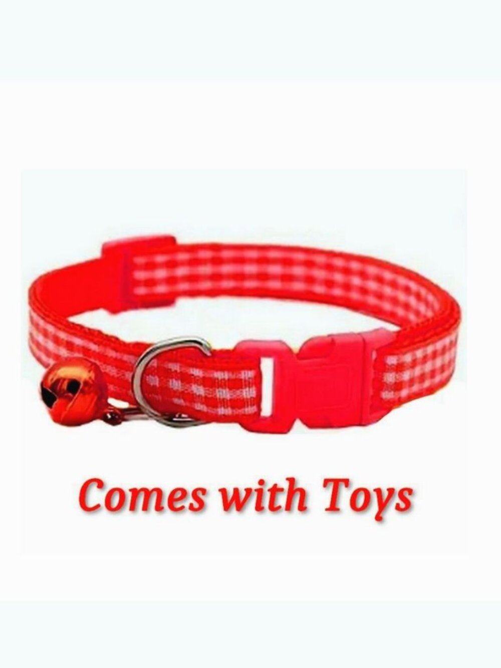 Jamie Jase Red Gingham Plaid Bell Accented Cat Collar with Toys Gift Package